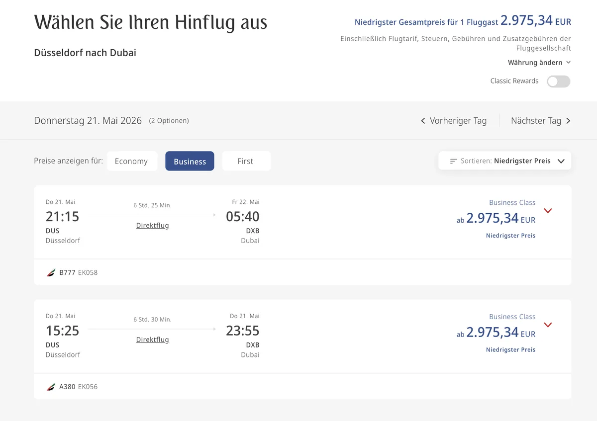 Emirates Business Düsseldorf–Dubai in Cash: 2.975,34 €