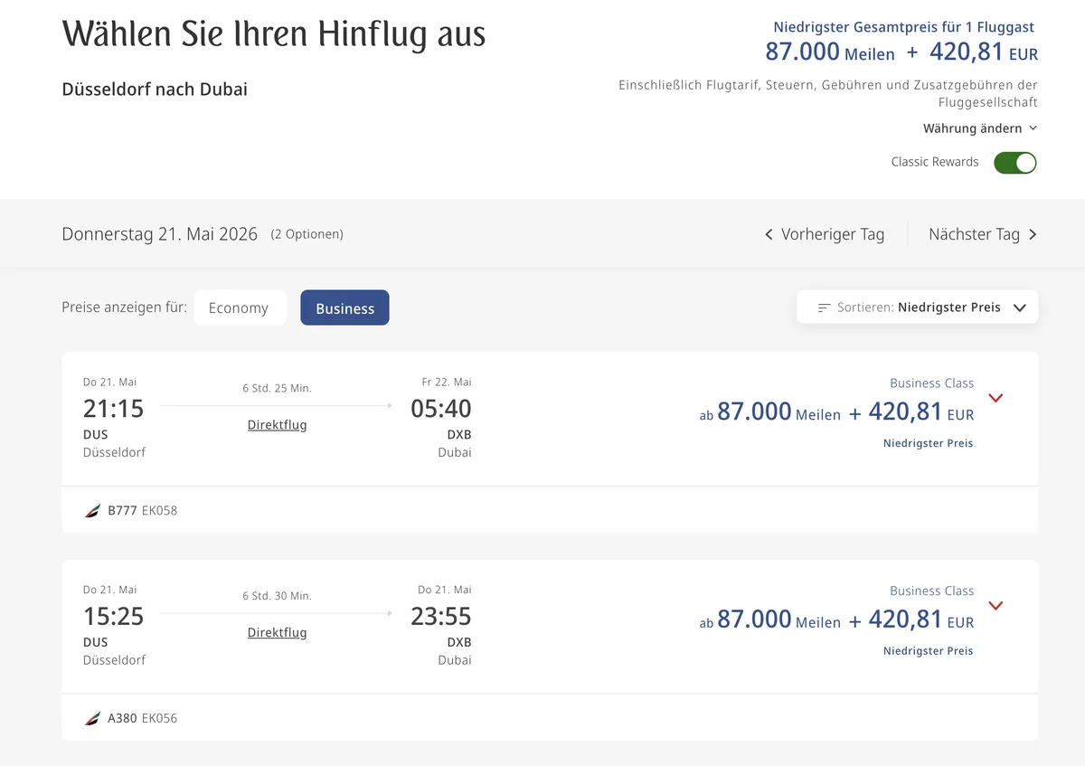 Derselbe Flug mit Meilen: 87.000 Meilen + 420,81 €